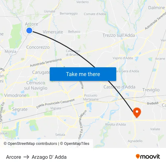 Arcore to Arzago d'Adda map