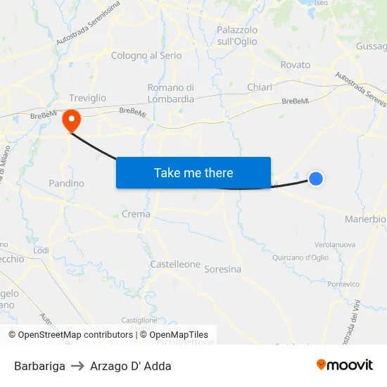 Barbariga to Arzago d'Adda map