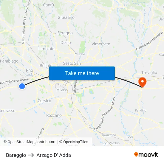 Bareggio to Arzago D' Adda map