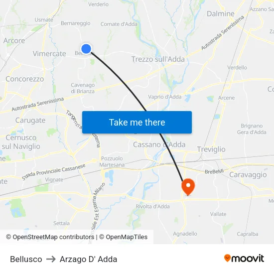 Bellusco to Arzago d'Adda map