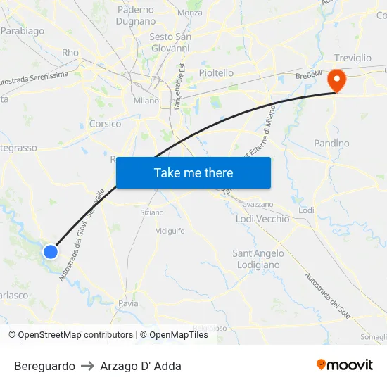 Bereguardo to Arzago d'Adda map
