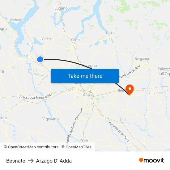 Besnate to Arzago D' Adda map