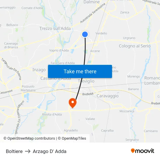 Boltiere to Arzago d'Adda map