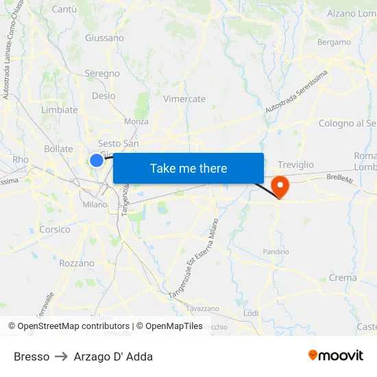 Bresso to Arzago D' Adda map