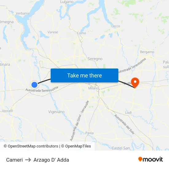 Cameri to Arzago d'Adda map