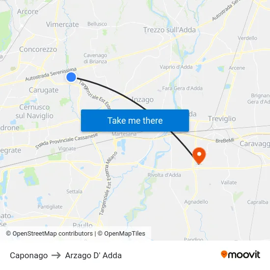 Caponago to Arzago D' Adda map