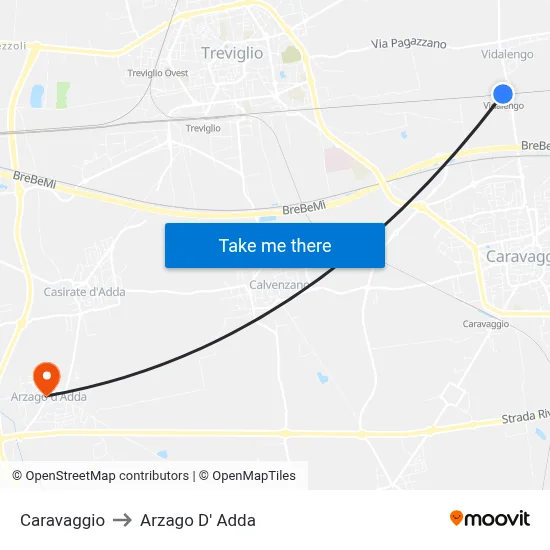 Caravaggio to Arzago D' Adda map