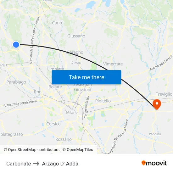 Carbonate to Arzago d'Adda map