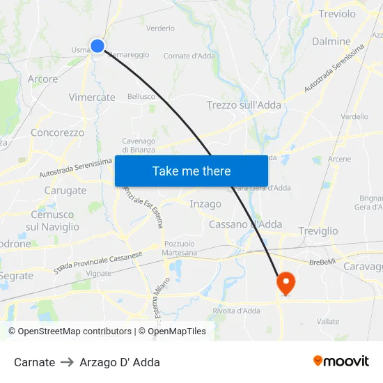 Carnate to Arzago D' Adda map