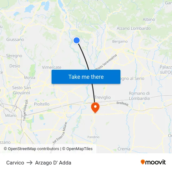 Carvico to Arzago D' Adda map