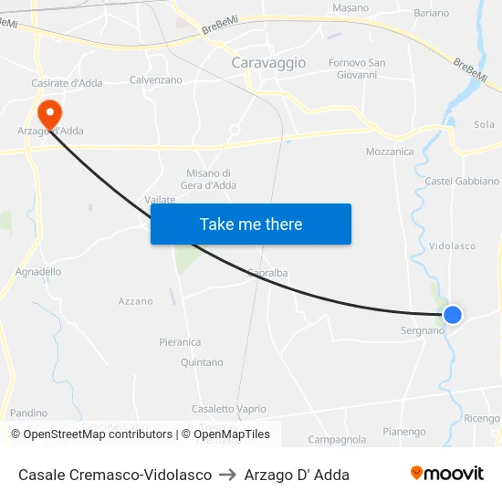 Casale Cremasco-Vidolasco to Arzago D' Adda map