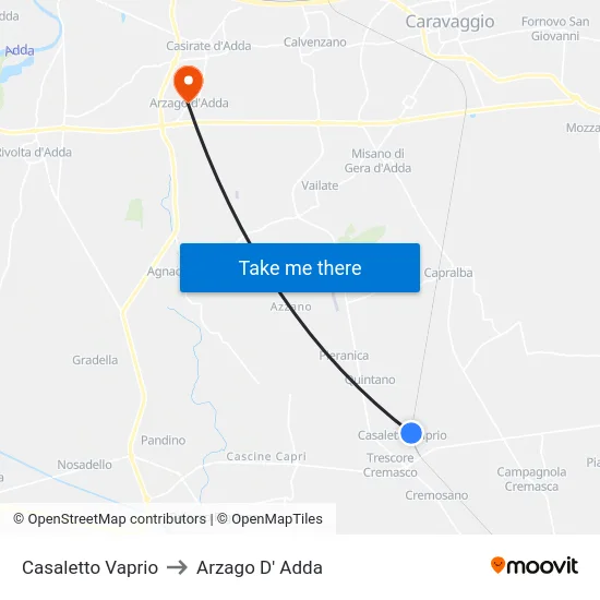 Casaletto Vaprio to Arzago D' Adda map