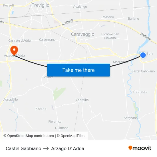 Castel Gabbiano to Arzago d'Adda map