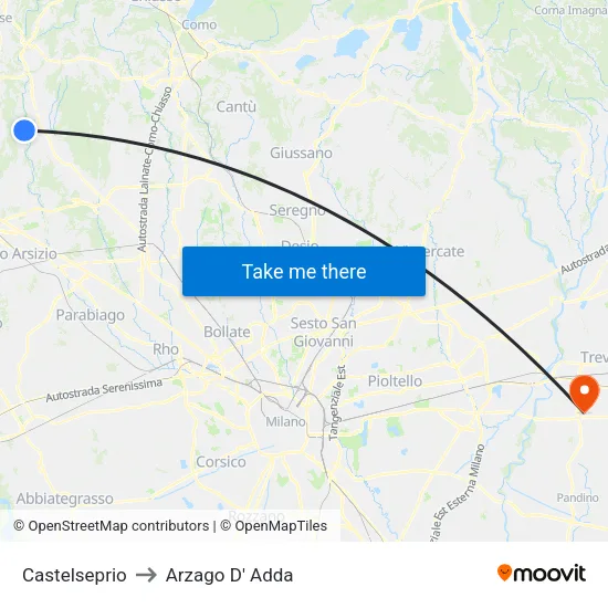 Castelseprio to Arzago D' Adda map