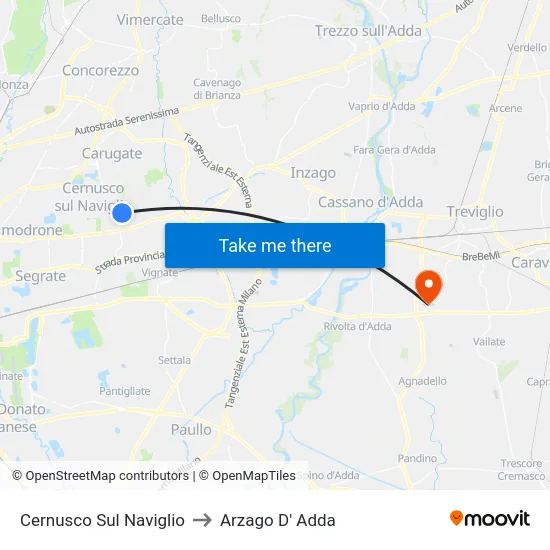 Cernusco Sul Naviglio to Arzago D' Adda map