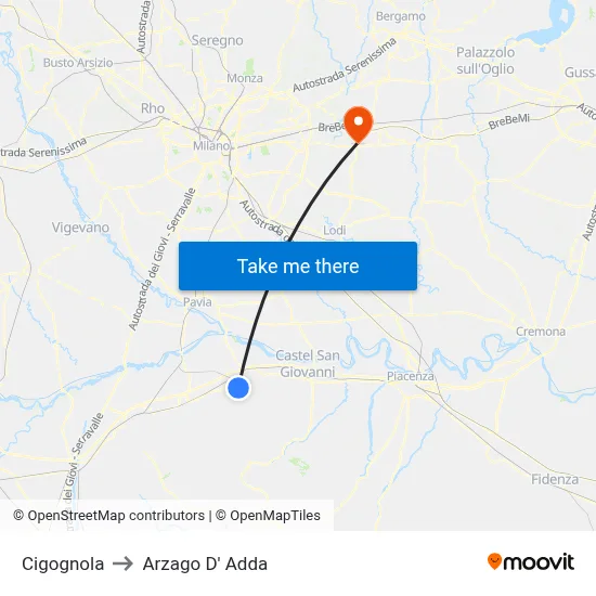 Cigognola to Arzago d'Adda map