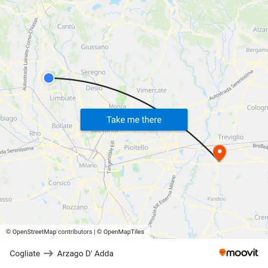 Cogliate to Arzago D' Adda map