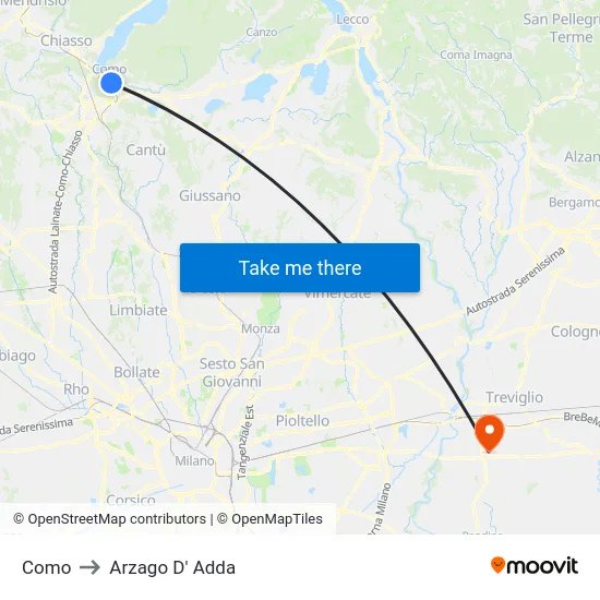 Como to Arzago d'Adda map