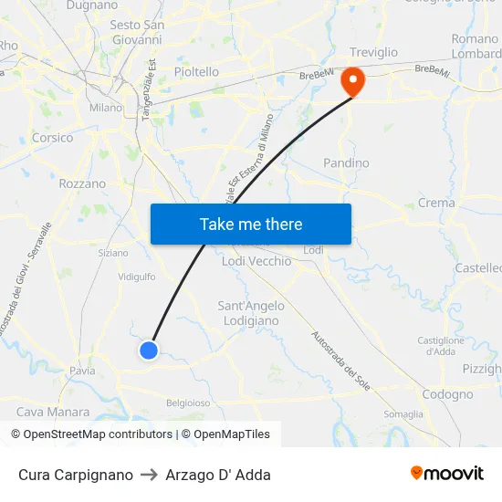 Cura Carpignano to Arzago d'Adda map
