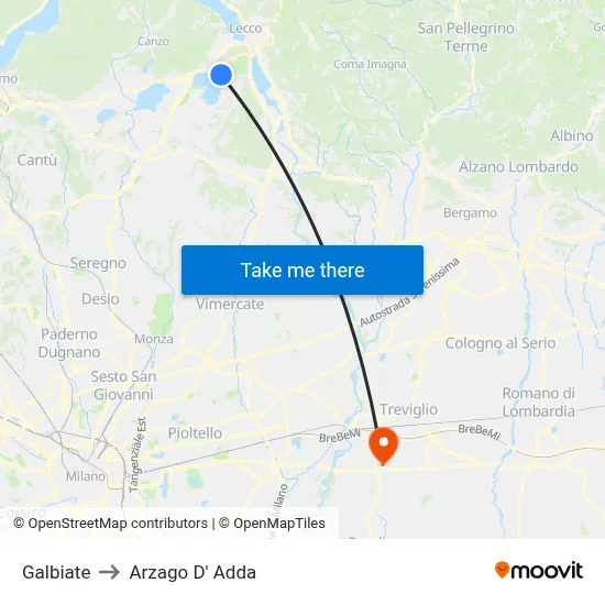Galbiate to Arzago d'Adda map