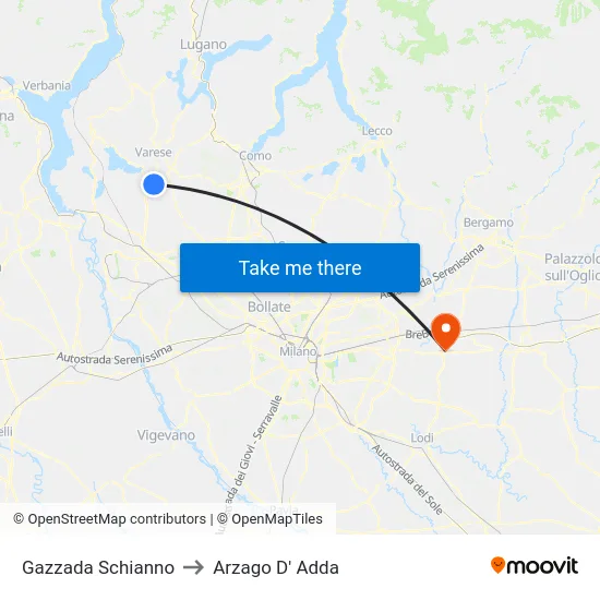 Gazzada Schianno to Arzago d'Adda map
