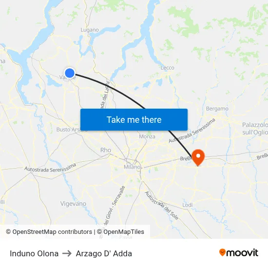 Induno Olona to Arzago d'Adda map