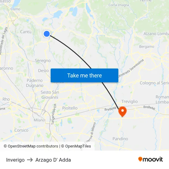 Inverigo to Arzago d'Adda map