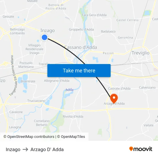 Inzago to Arzago D' Adda map