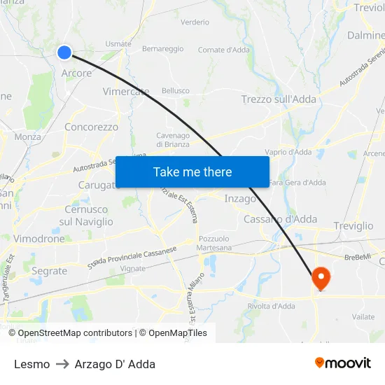 Lesmo to Arzago d'Adda map