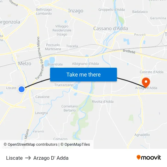 Liscate to Arzago d'Adda map