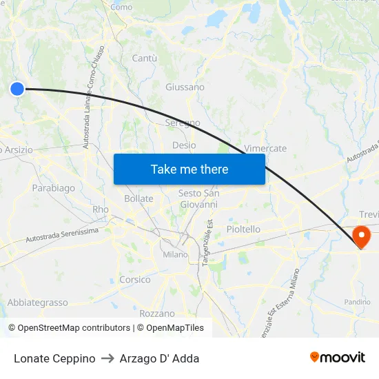 Lonate Ceppino to Arzago D' Adda map