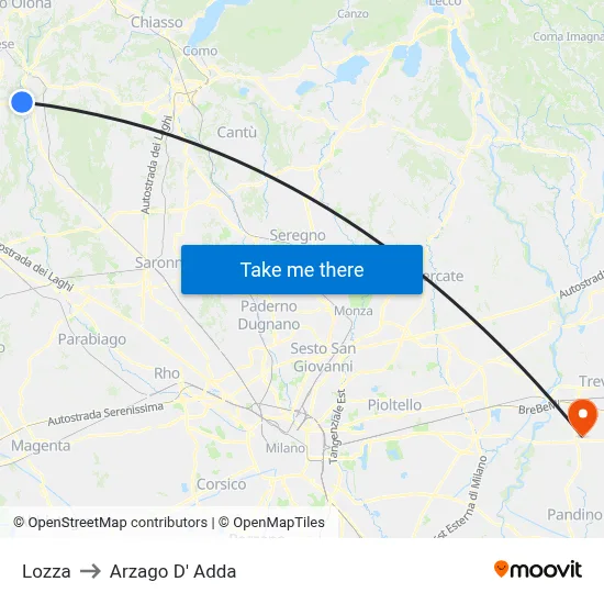 Lozza to Arzago d'Adda map