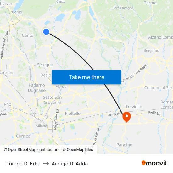Lurago d'Erba to Arzago d'Adda map