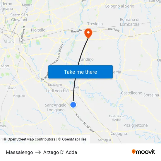 Massalengo to Arzago d'Adda map