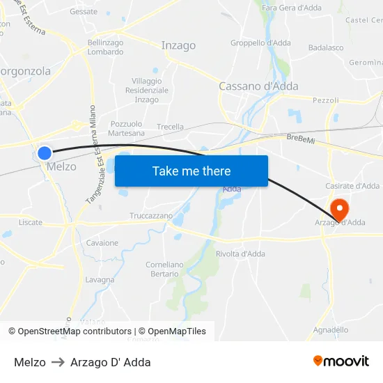 Melzo to Arzago d'Adda map