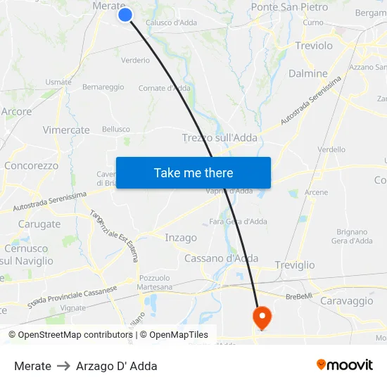 Merate to Arzago D' Adda map