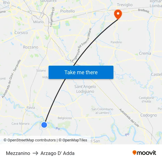Mezzanino to Arzago d'Adda map