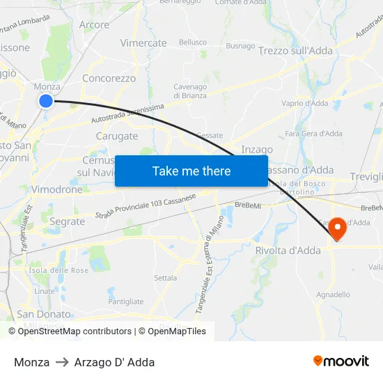 Monza to Arzago d'Adda map