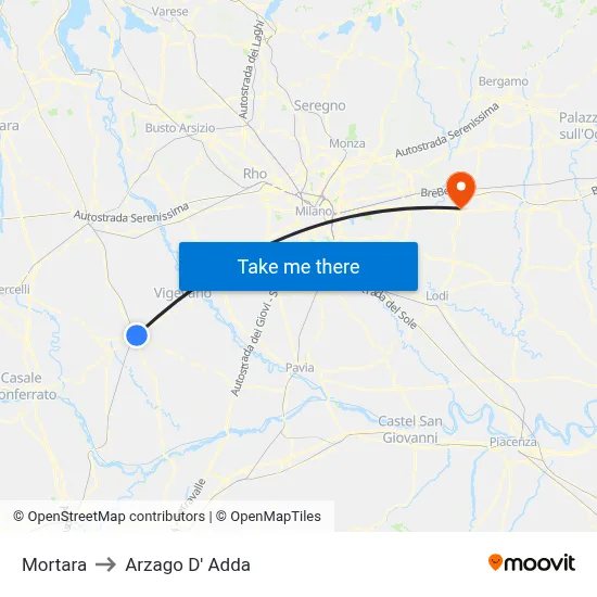 Mortara to Arzago d'Adda map