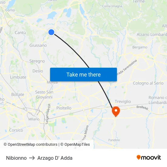 Nibionno to Arzago D' Adda map