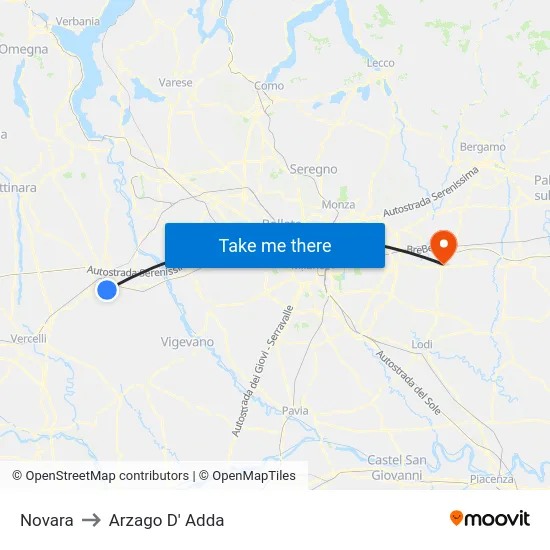 Novara to Arzago d'Adda map