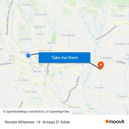Novate Milanese to Arzago D' Adda map