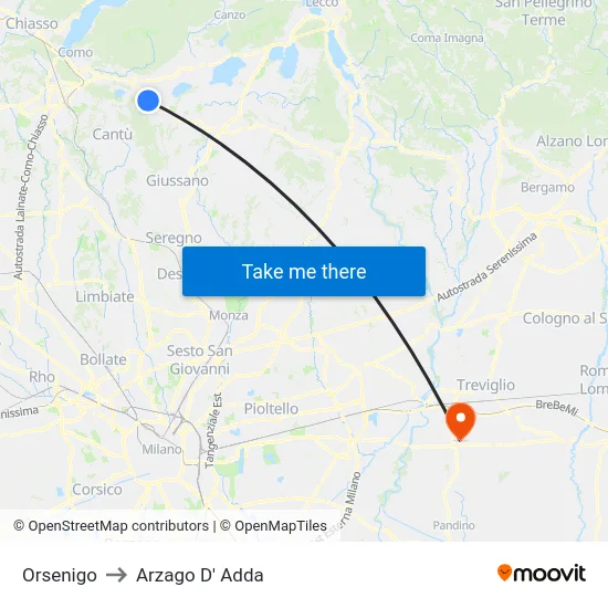 Orsenigo to Arzago D' Adda map