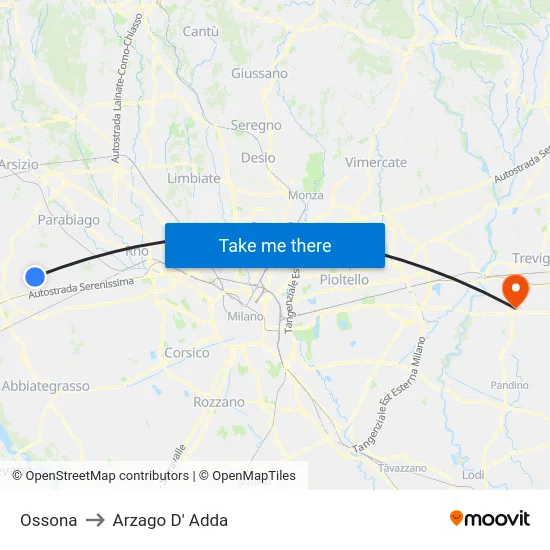 Ossona to Arzago D' Adda map
