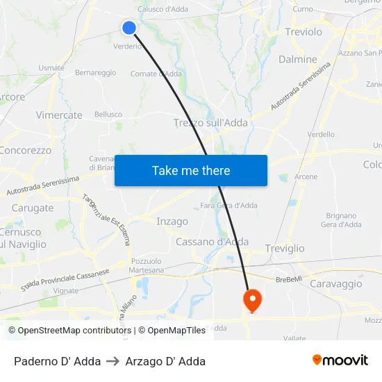Paderno D' Adda to Arzago D' Adda map