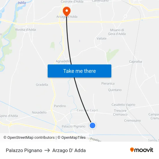 Palazzo Pignano to Arzago D' Adda map