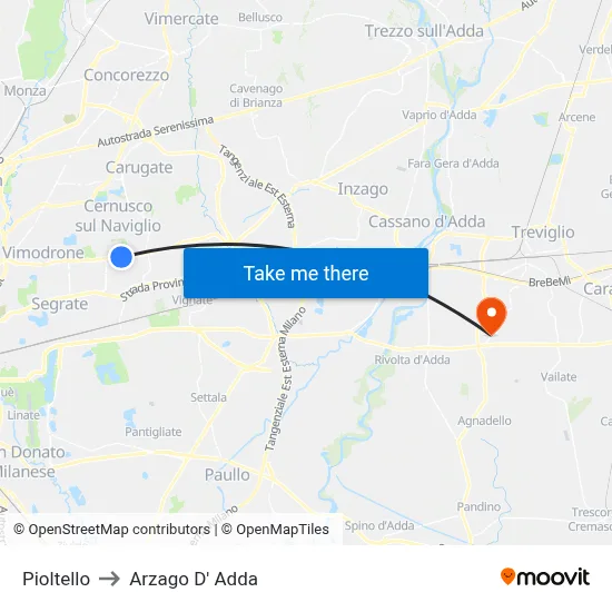 Pioltello to Arzago D' Adda map