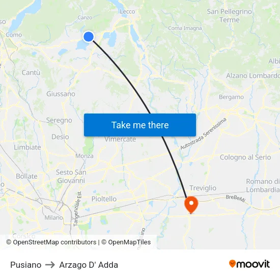 Pusiano to Arzago d'Adda map