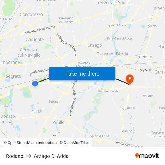Rodano to Arzago D' Adda map