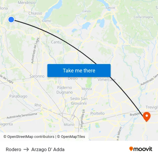 Rodero to Arzago d'Adda map